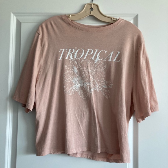 MANGO | Beige pink Tropical print cropped t-shirt, size XL - Picture 1 of 2
